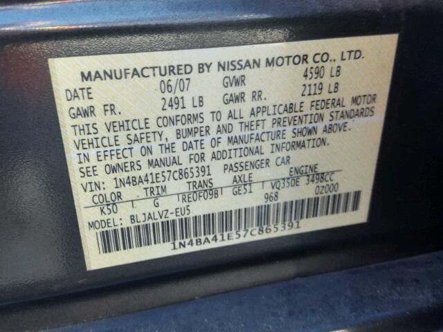 1N4BA41E57C865391 - 2007 NISSAN MAXIMA SE GRAY photo 10