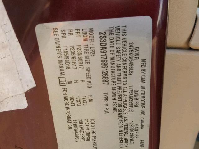 2S3DA917686126687 - 2008 SUZUKI XL7 LIMITE MAROON photo 10