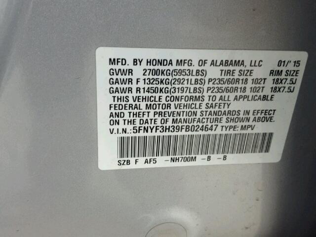 5FNYF3H39FB024647 - 2015 HONDA PILOT SE SILVER photo 10