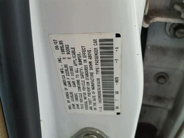 1HGCM56897A191418 - 2007 HONDA ACCORD EX WHITE photo 10