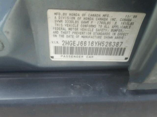 2HGEJ6616YH526387 - 2000 HONDA CIVIC BASE 青色 照片 10