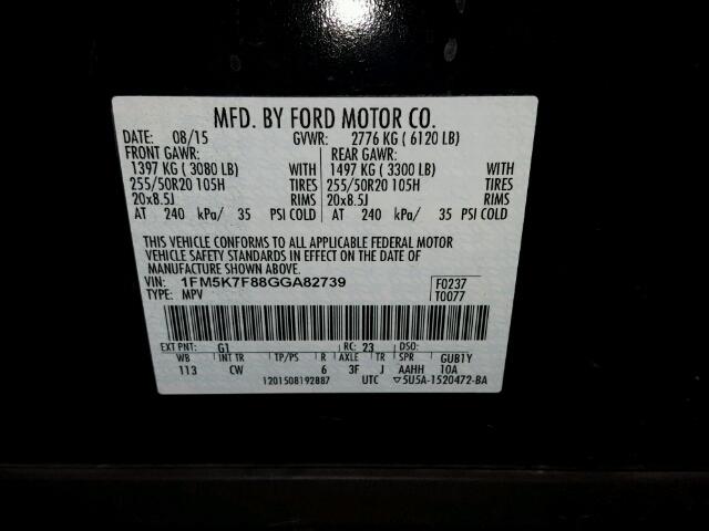 1FM5K7F88GGA82739 - 2016 FORD EXPLORER L GRAY photo 10