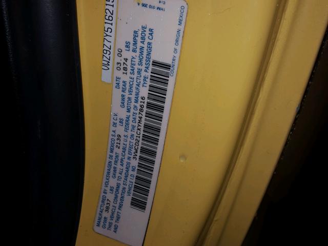 3VWCD21CXYM478616 - 2000 VOLKSWAGEN NEW BEETLE ყვითელი ფოტო 10