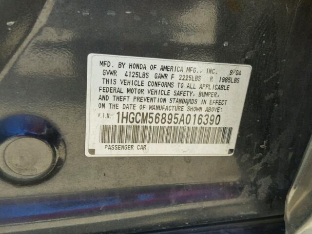 1HGCM56895A016390 - 2005 HONDA ACCORD EX BLUE photo 10