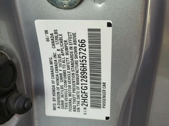 2HGFG12896H557266 - 2006 HONDA CIVIC EX SILVER photo 10