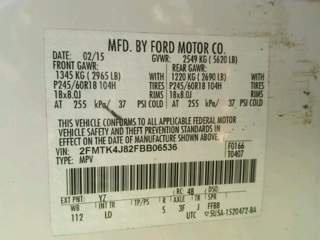 2FMTK4J82FBB06536 - 2015 FORD EDGE WHITE photo 10