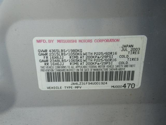 JA4LZ31F94U001924 - 2004 MITSUBISHI OUTLANDER SILVER photo 10