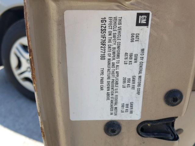 1G1ZS51F76F277180 - 2006 CHEVROLET MALIBU LS თაფლისფერი ფოტო 10