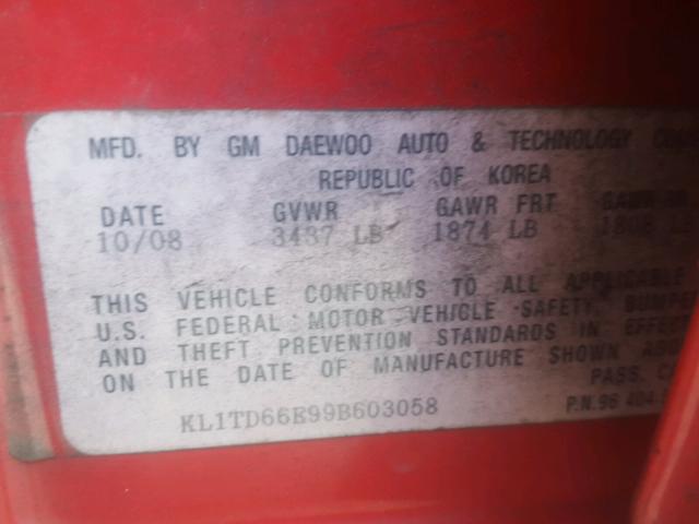 KL1TD66E99B603058 - 2009 CHEVROLET AVEO LS RED photo 10