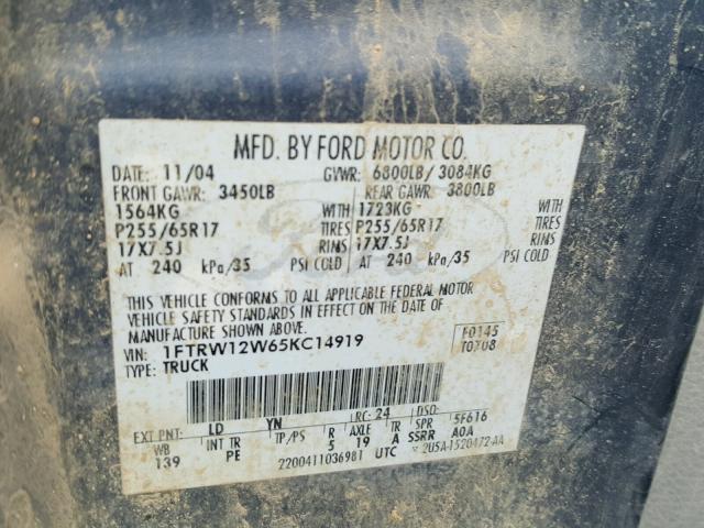 1FTRW12W65KC14919 - 2005 FORD F150 SUPER BLUE photo 10