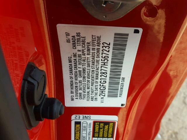 2HGFG12877H567232 - 2007 HONDA CIVIC EX RED photo 10