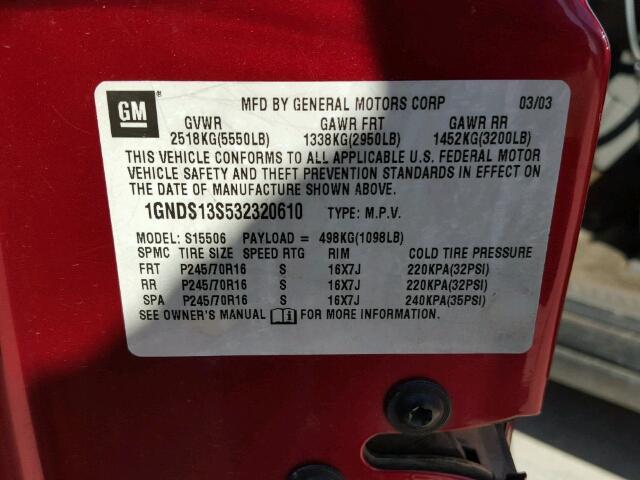 1GNDS13S532320610 - 2003 CHEVROLET TRAILBLAZE RED photo 10