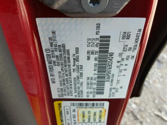 3FA6P0H76ER354240 - 2014 FORD FUSION SE RED photo 10