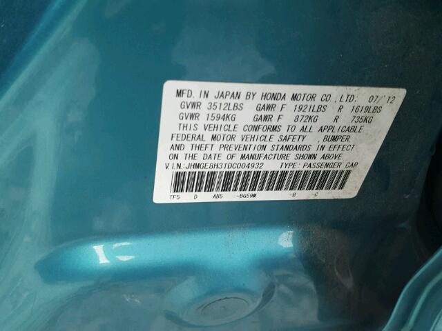 JHMGE8H31DC004932 - 2013 HONDA FIT TEAL photo 10