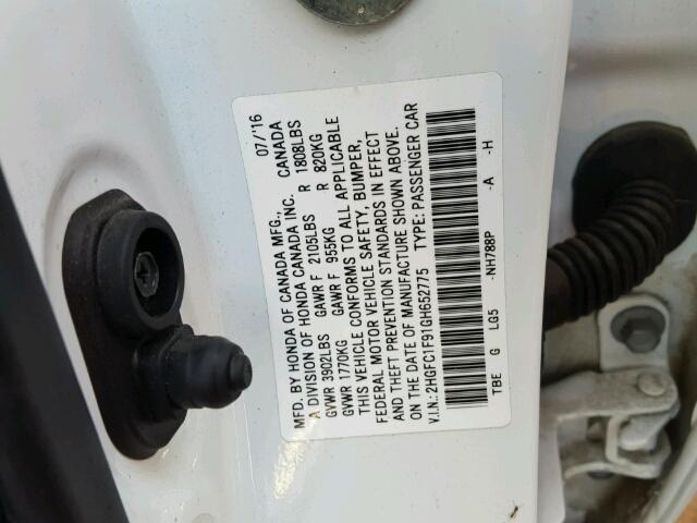 2HGFC1F91GH652775 - 2016 HONDA CIVIC TOUR WHITE photo 10