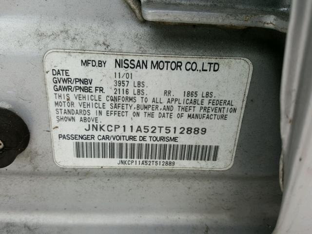 JNKCP11A52T512889 - 2002 INFINITI G20 GRAY photo 10