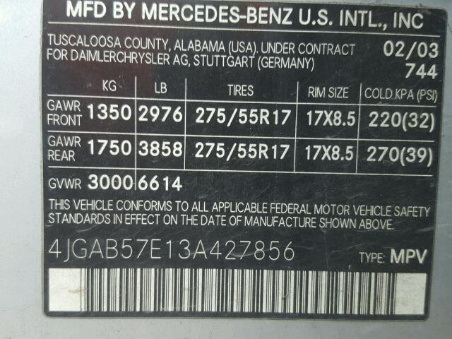 4JGAB57E13A427856 - 2003 MERCEDES-BENZ ML 350 SILVER photo 10