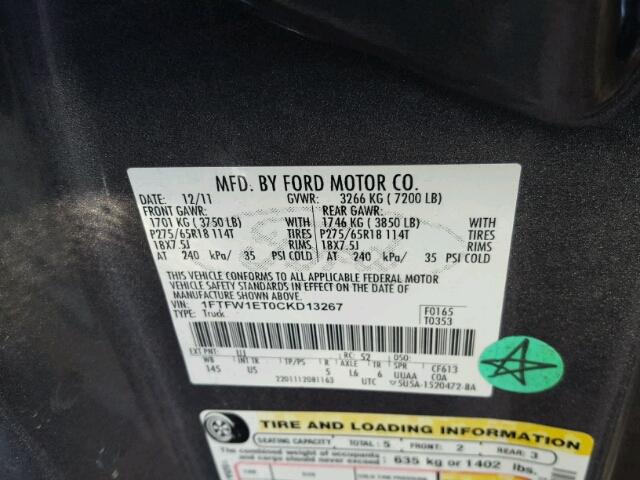 1FTFW1ET0CKD13267 - 2012 FORD F150 GRAY photo 10