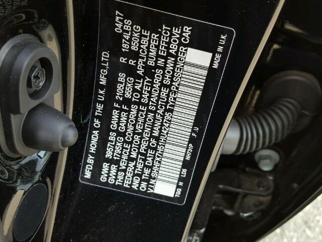 SHHFK7H51HU424795 - 2017 HONDA CIVIC EX BLACK photo 10