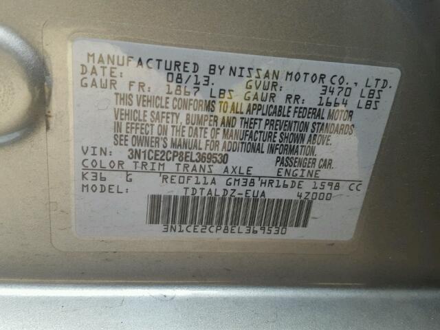 3N1CE2CP8EL369530 - 2014 NISSAN VERSA NOTE GRAY photo 10