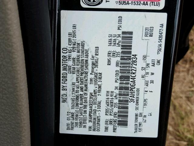 3FAHP0GA4CR272834 - 2012 FORD FUSION S CHARCOAL photo 10