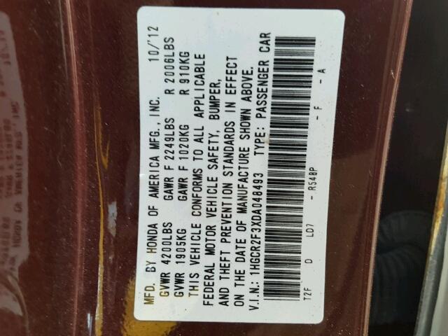 1HGCR2F3XDA048493 - 2013 HONDA ACCORD LX MAROON photo 10