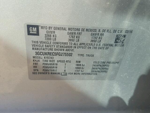 3GCUKREC5FG275502 - 2015 CHEVROLET SILVERADO SILVER photo 10