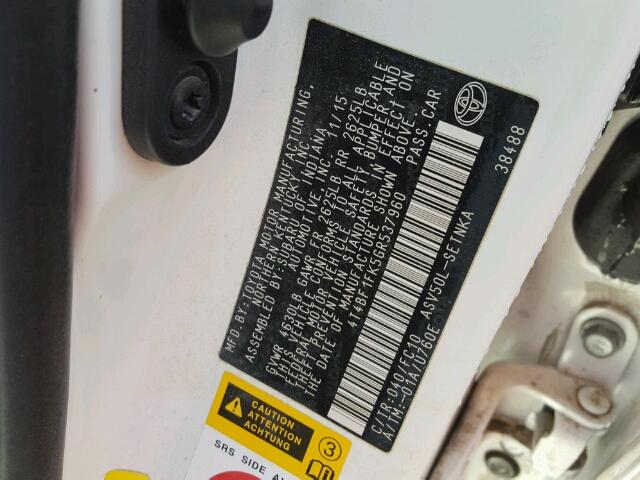 4T4BF1FK5GR537960 - 2016 TOYOTA CAMRY WHITE photo 10