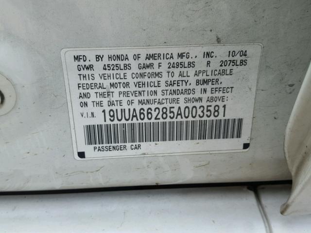 19UUA66285A003581 - 2005 ACURA TL WHITE photo 10