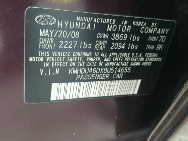 KMHDU46DX8U514655 - 2008 HYUNDAI ELANTRA GL PURPLE photo 10