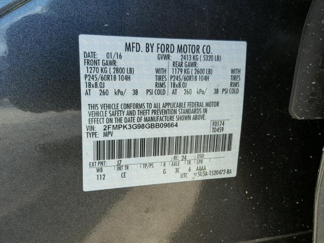 2FMPK3G98GBB09664 - 2016 FORD EDGE GRAY photo 10