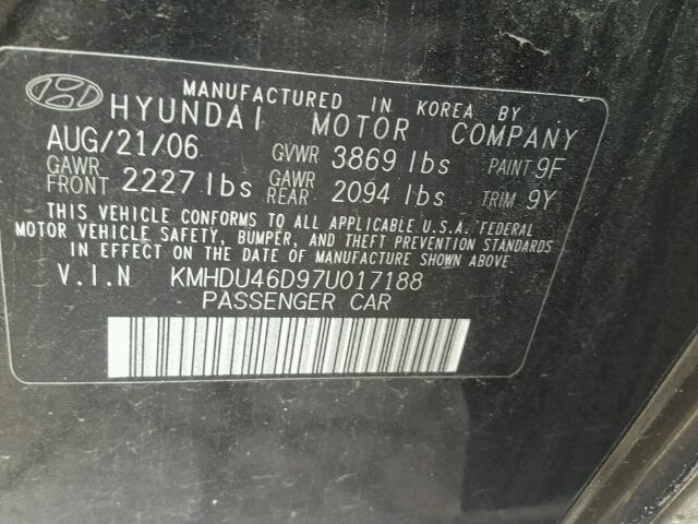 KMHDU46D97U017188 - 2007 HYUNDAI ELANTRA GL BLACK photo 10