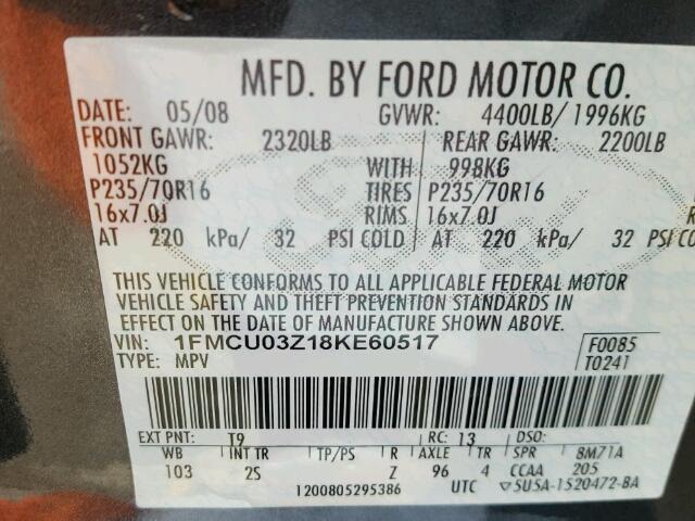 1FMCU03Z18KE60517 - 2008 FORD ESCAPE XLT GREEN photo 10