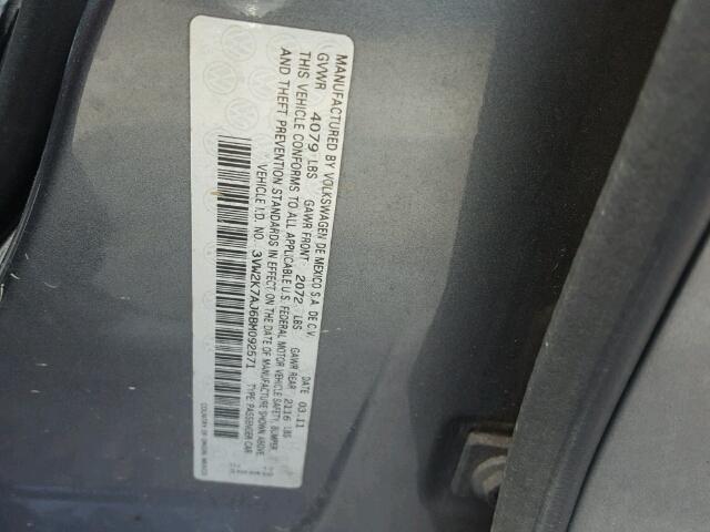 3VW2K7AJ6BM092571 - 2011 VOLKSWAGEN JETTA BASE GRAY photo 10