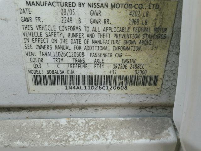 1N4AL11D26C120608 - 2006 NISSAN ALTIMA S WHITE photo 10