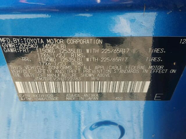 JTMZFREV2HJ122783 - 2017 TOYOTA RAV4 蓝色 照片 10