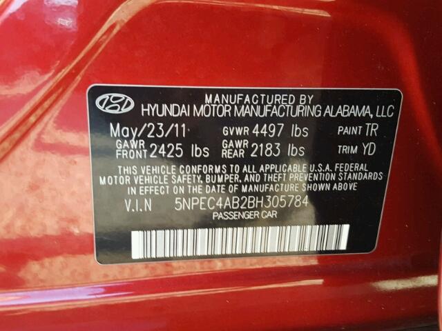 5NPEC4AB2BH305784 - 2011 HYUNDAI SONATA SE 红色 照片 10