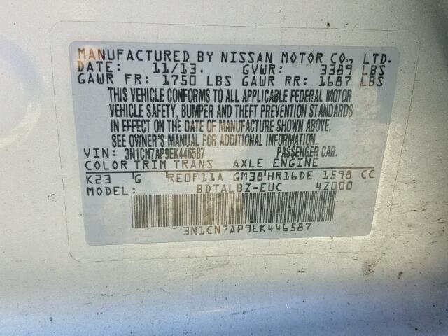 3N1CN7AP9EK446587 - 2014 NISSAN VERSA S SILVER photo 10