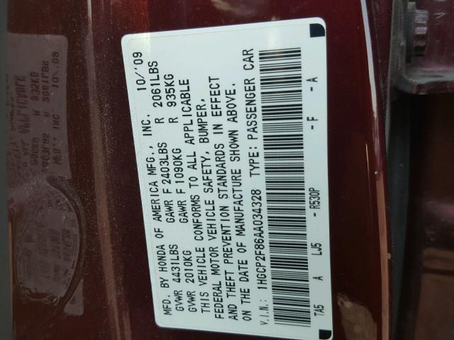 1HGCP2F86AA034328 - 2010 HONDA ACCORD EXL BURGUNDY photo 10