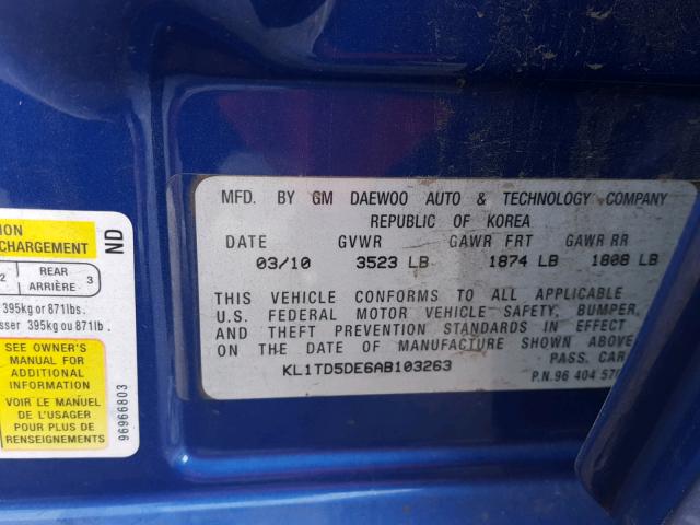 KL1TD5DE6AB103263 - 2010 CHEVROLET AVEO LS BLUE photo 10