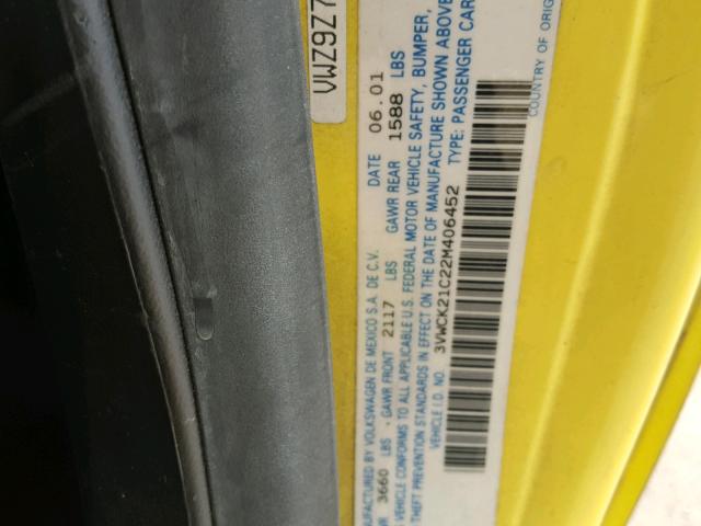 3VWCK21C22M406452 - 2002 VOLKSWAGEN NEW BEETLE 黄色 照片 10