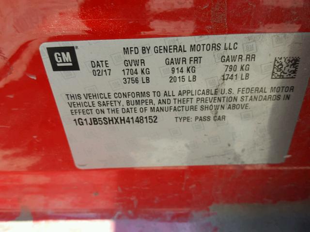 1G1JB5SHXH4148152 - 2017 CHEVROLET SONIC LS 红色 照片 10