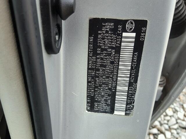 4T1BE46K89U265650 - 2009 TOYOTA CAMRY BASE SILVER photo 10