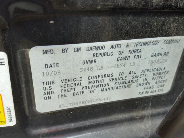 KL1TD66E09B395443 - 2009 CHEVROLET AVEO LS BLACK photo 10