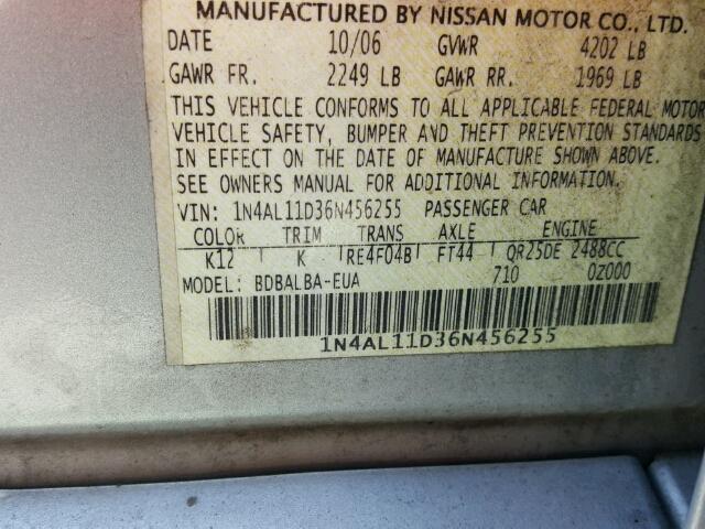 1N4AL11D36N456255 - 2006 NISSAN ALTIMA S SILVER photo 10