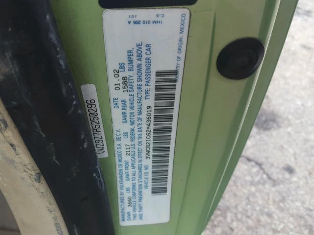 3VWCB21C62M436019 - 2002 VOLKSWAGEN NEW BEETLE 绿色 照片 10