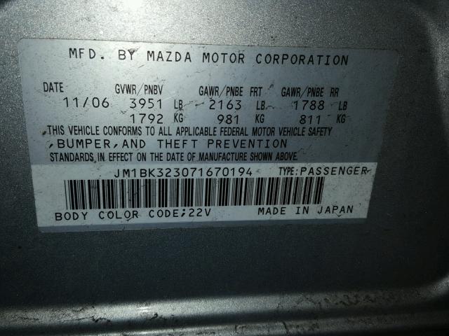 JM1BK323071670194 - 2007 MAZDA 3 S SILVER photo 10