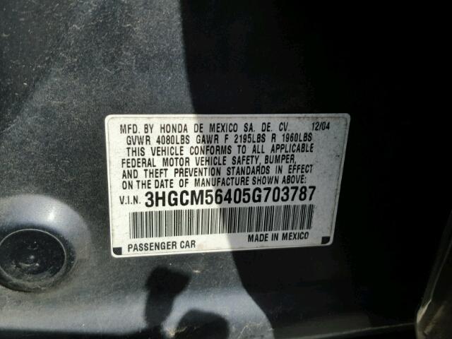 3HGCM56405G703787 - 2005 HONDA ACCORD GRAY photo 10