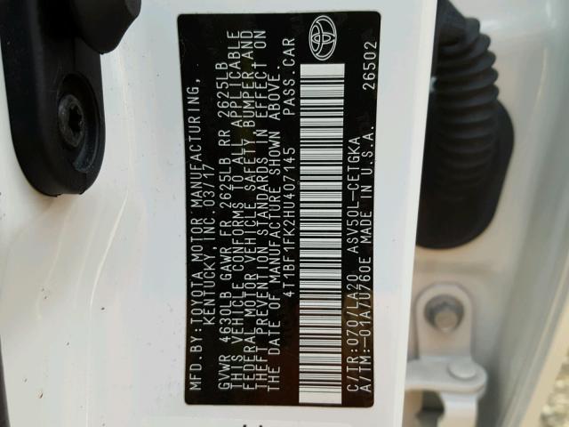 4T1BF1FK2HU407145 - 2017 TOYOTA CAMRY LE თეთრი ფოტო 10