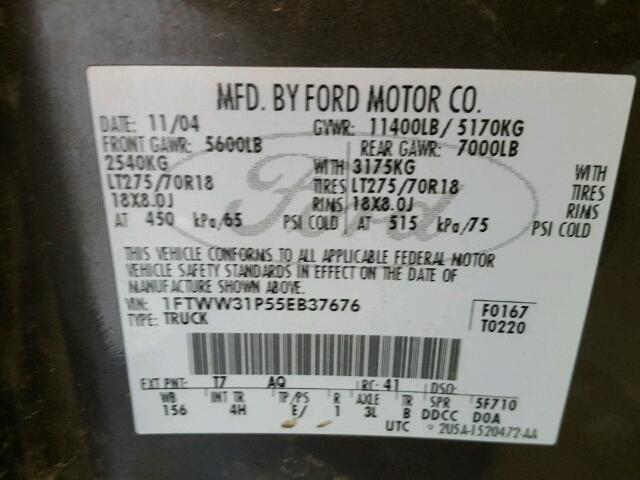 1FTWW31P55EB37676 - 2005 FORD F350 CHARCOAL photo 10